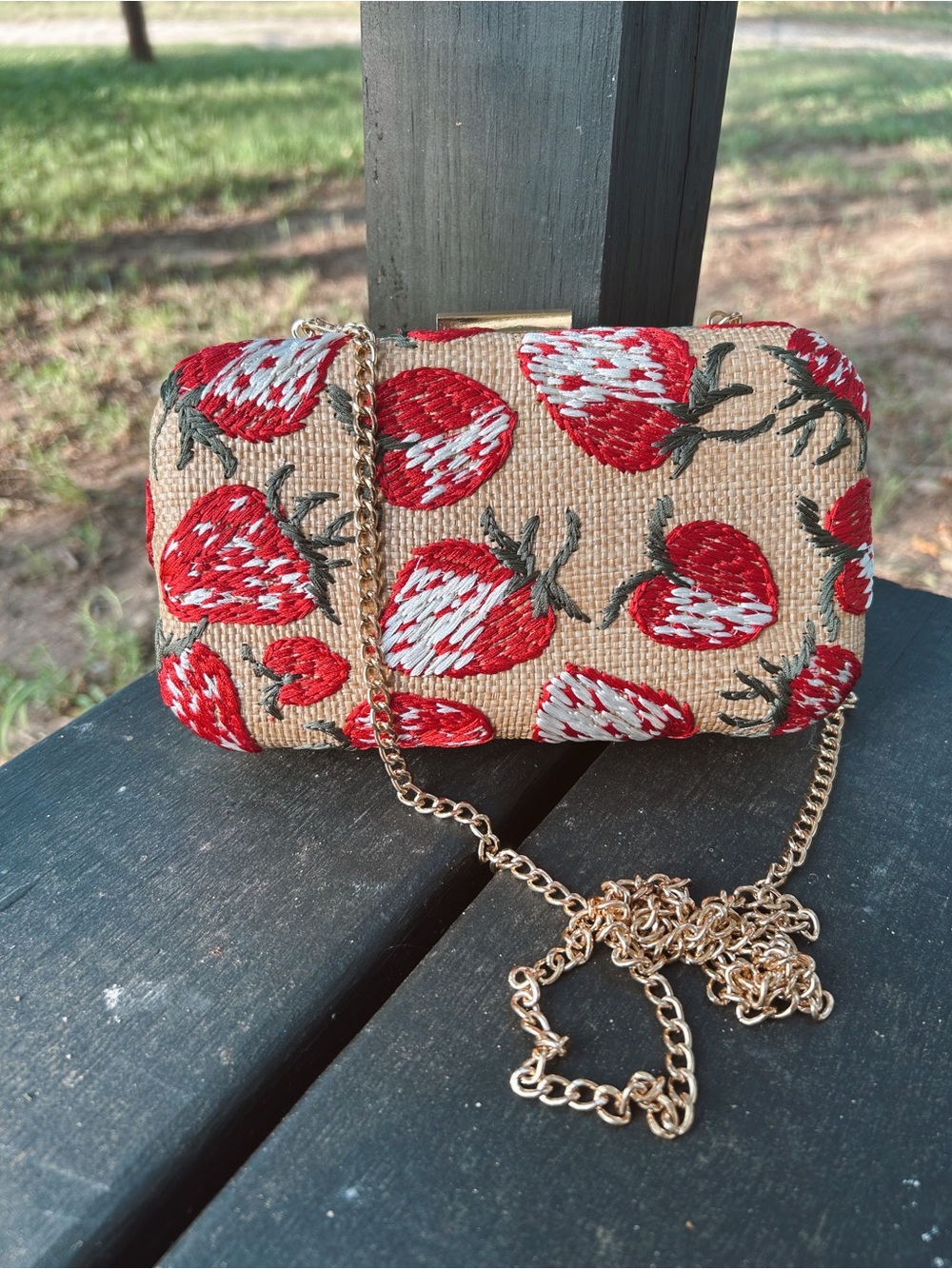 Straw Clutch with Red Strawberry Embroidery and Gold Chain